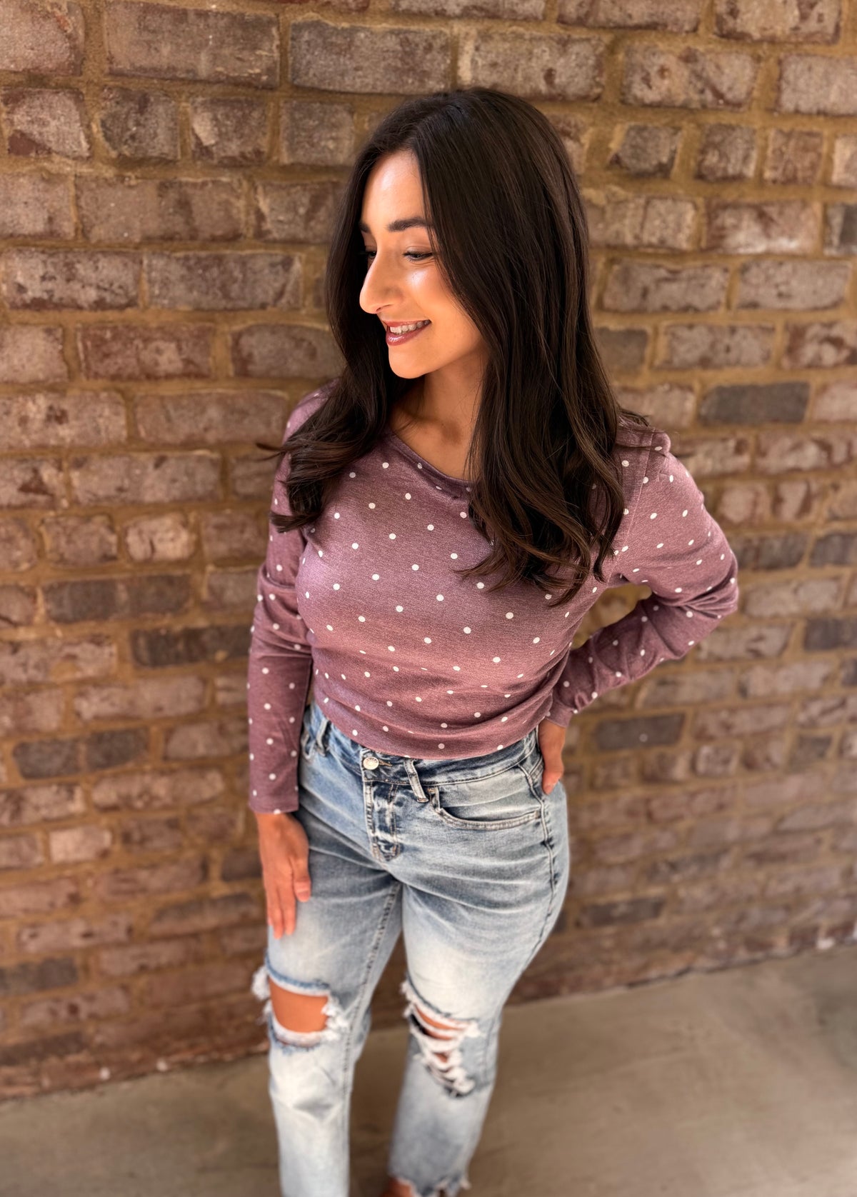 Brown Polka Dot Boat neck top