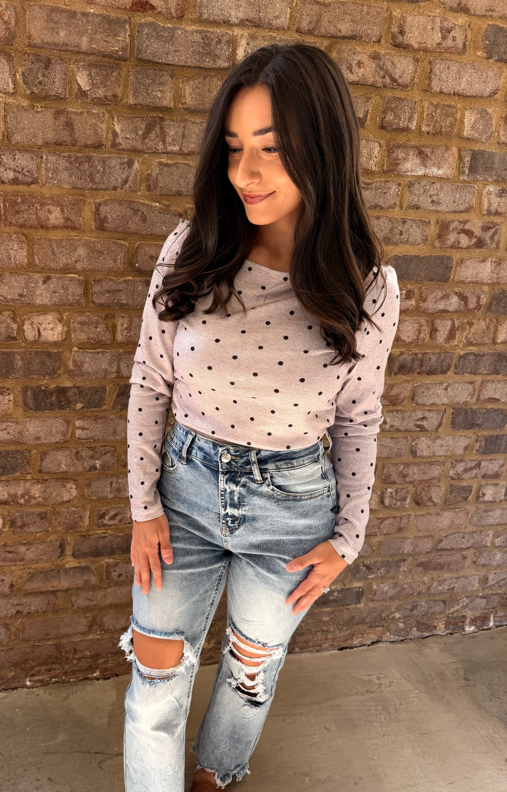 Tan Polka Dot Boat neck top