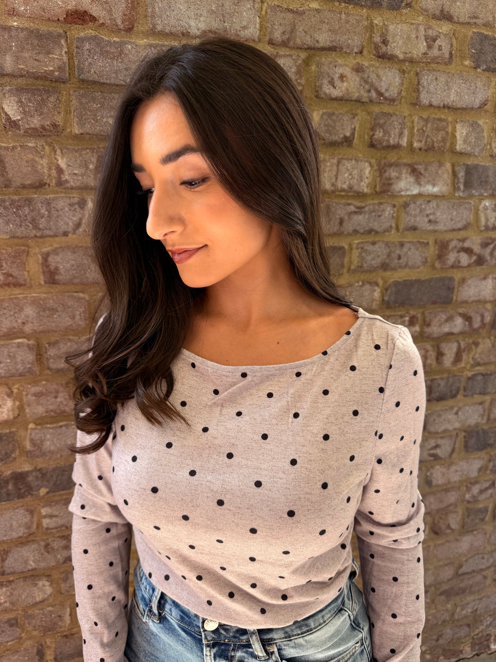 Tan Polka Dot Boat neck top