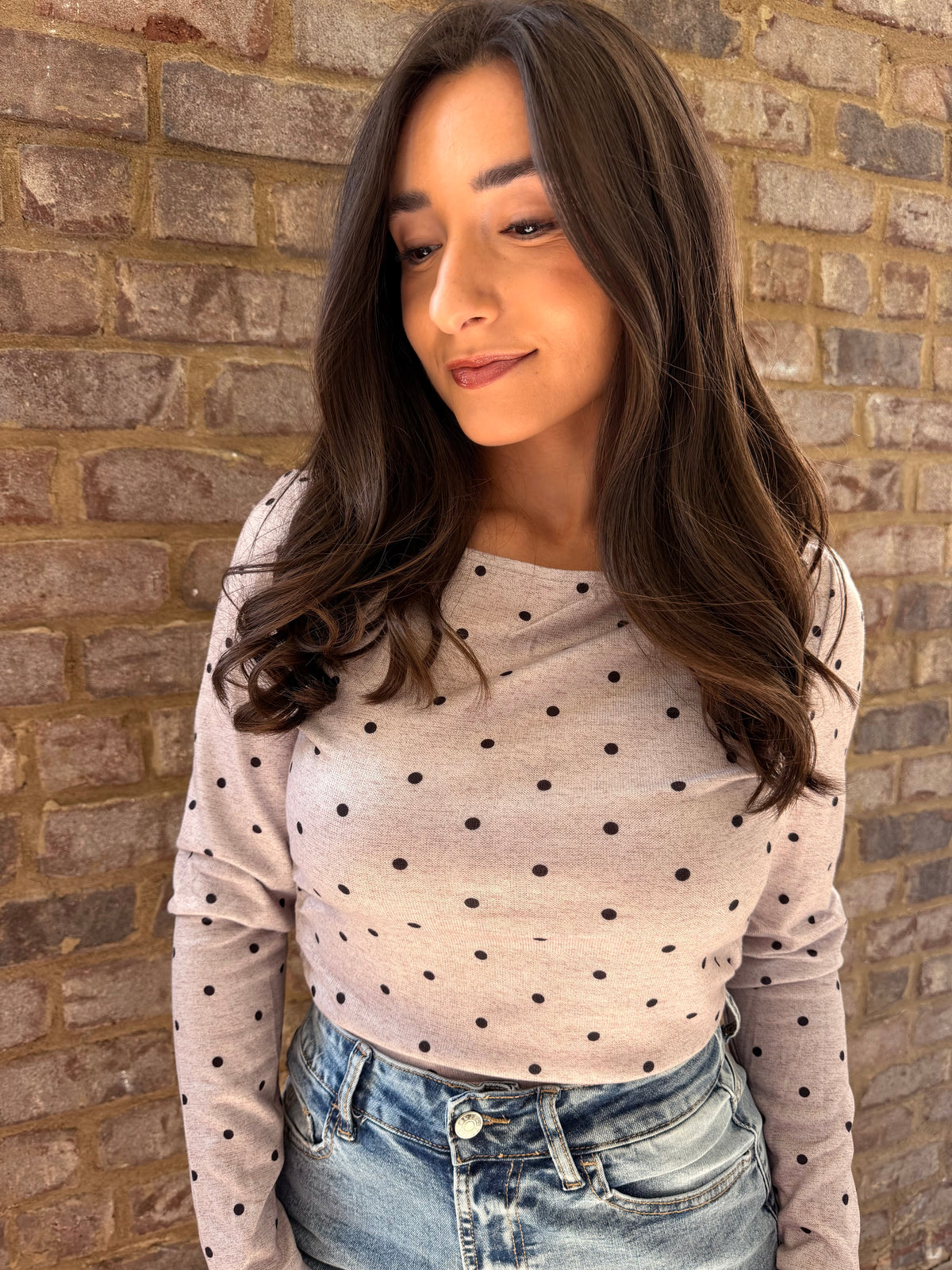 Tan Polka Dot Boat neck top