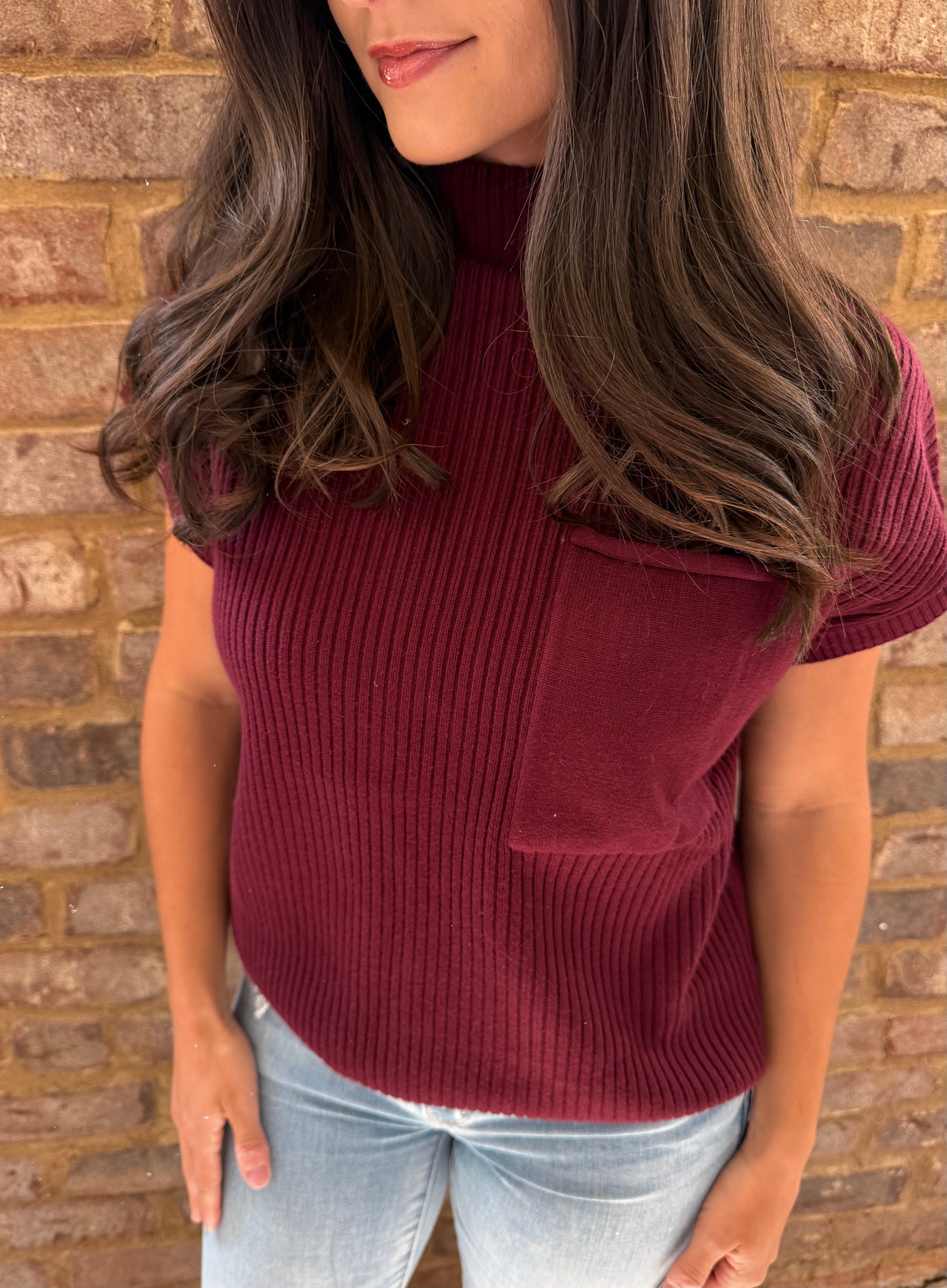 Burgundy Patch Pocket Knit Sweater