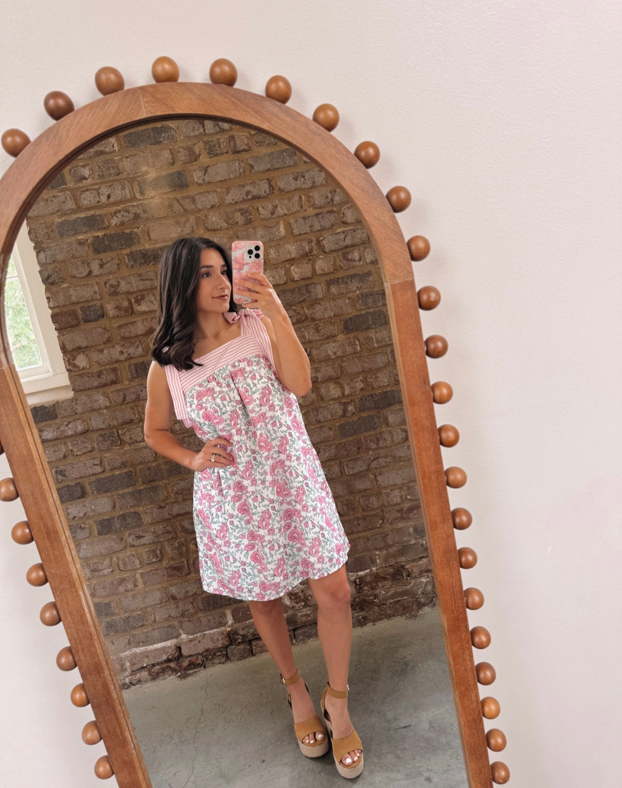 Pink Floral Bow Knot Straps Mini Dress
